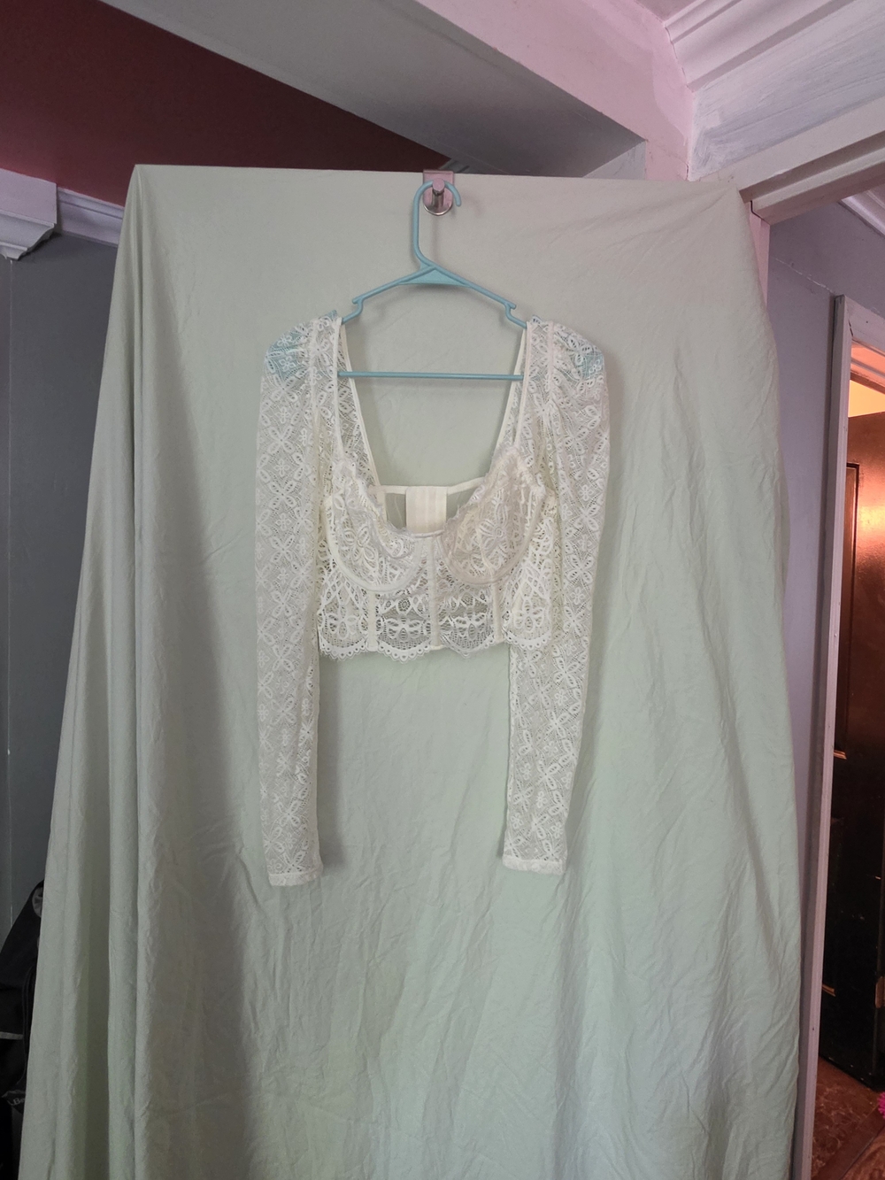 Free People Ivory Lace Long Sleeve Crop Top